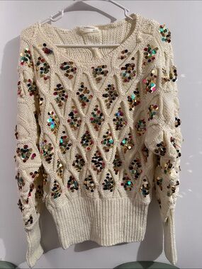 Anthropologie Cream Cable-Knit Scoop-Neck Sweater with Multicolor Sequins